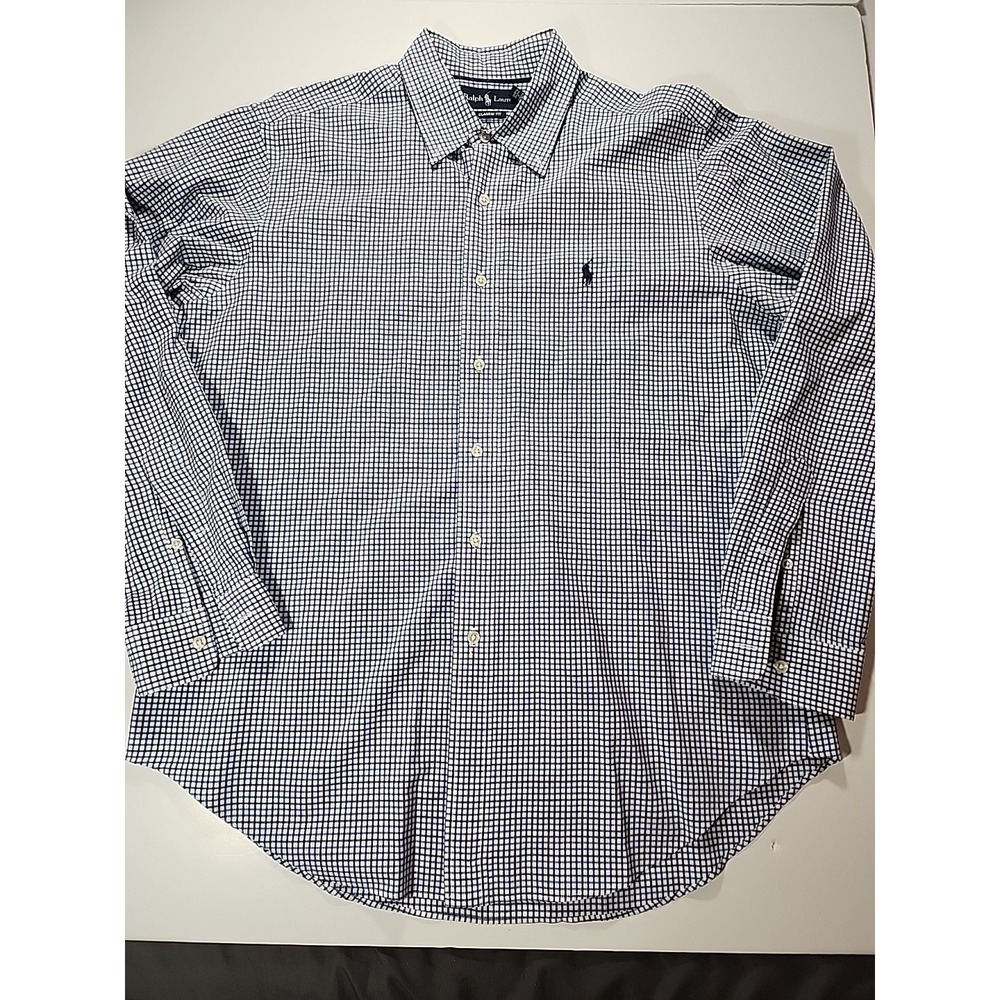 Ralph Lauren Mens L Large Classic Fit Blue White Gingham Plaid Button Down Shirt